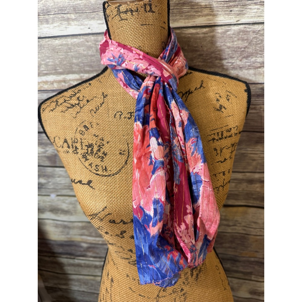 Pink Blue Floral Scarf Gold Metallic Lurex Stripe Lightweight Rectangular Wrap